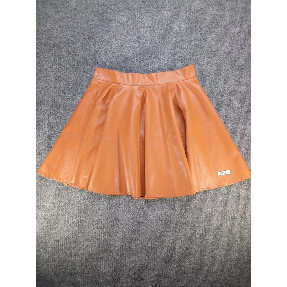 Women's Medium Burnt Orange Faux Leather Pleated Skater A-Line Mini Skirt